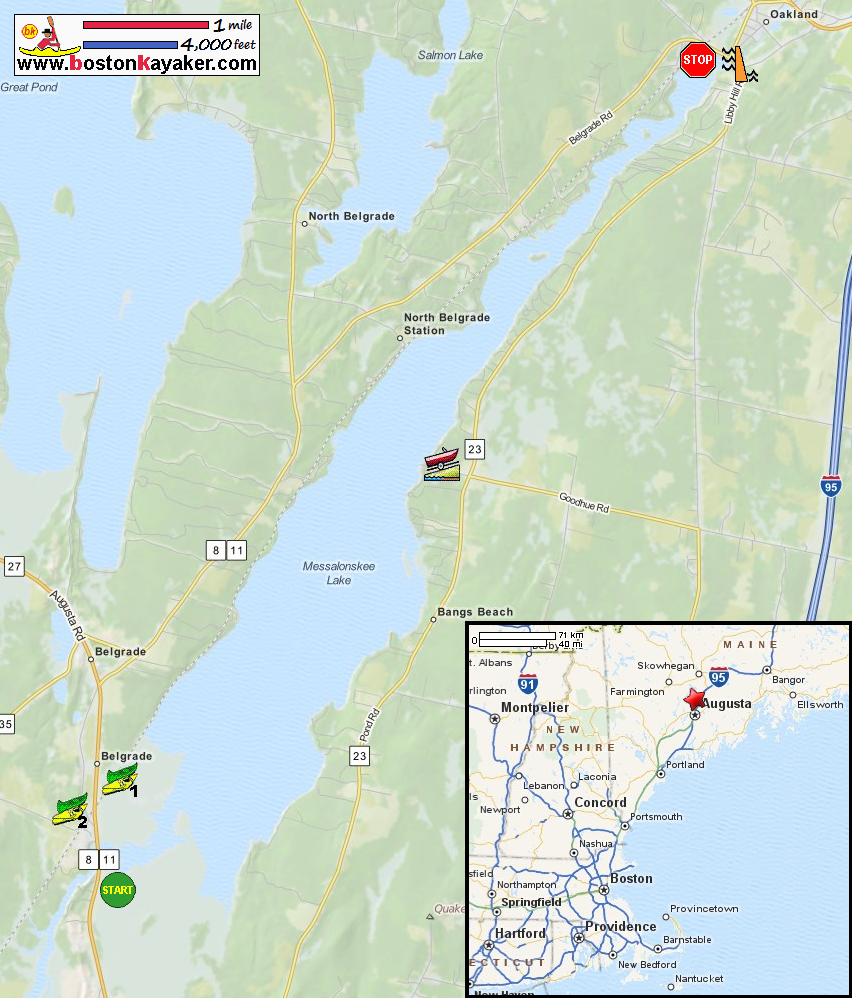 Boston Kayaker Kayaking on Messalonskee Lake from Belgrade ME to